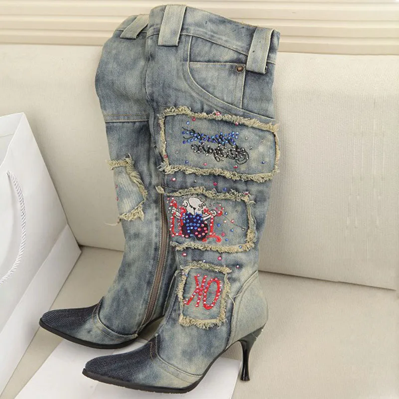 Vintage Frazzle Patched Denim Over The Knee Boots Belt Top Embroidery Rhinestone Pointed Toe Cowboy Knight Booties