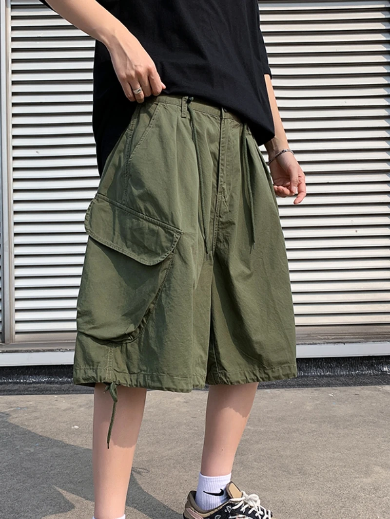 Japanese Street Sle BF Loose Casual orts Men Summer Workwear Five-Quarter Pure Cotton Wide Leg mid Waist Pants