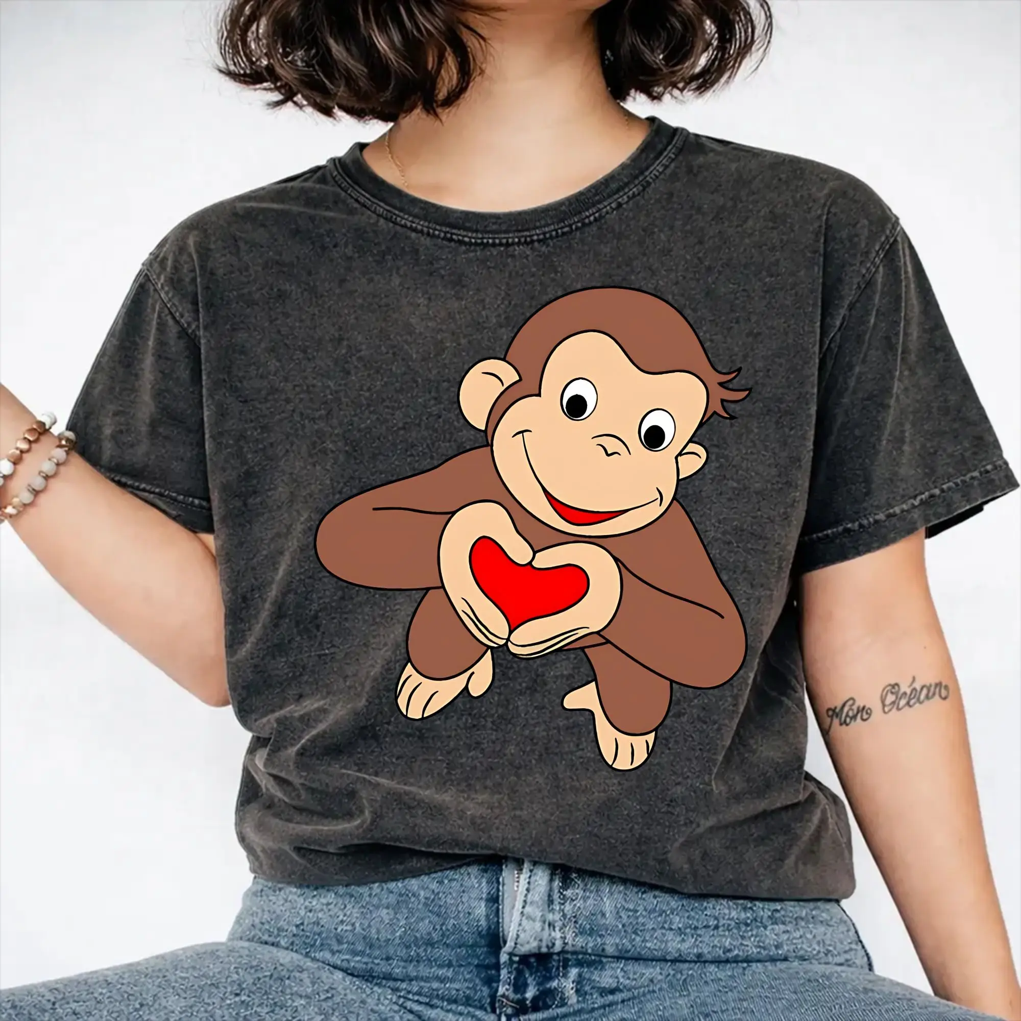 Curious George Is All Heart  Washed T Shirts Streetwear Hip Hop Cool T-Shirts  Tee Shirt for Men Women Short Sleeve Harajuku