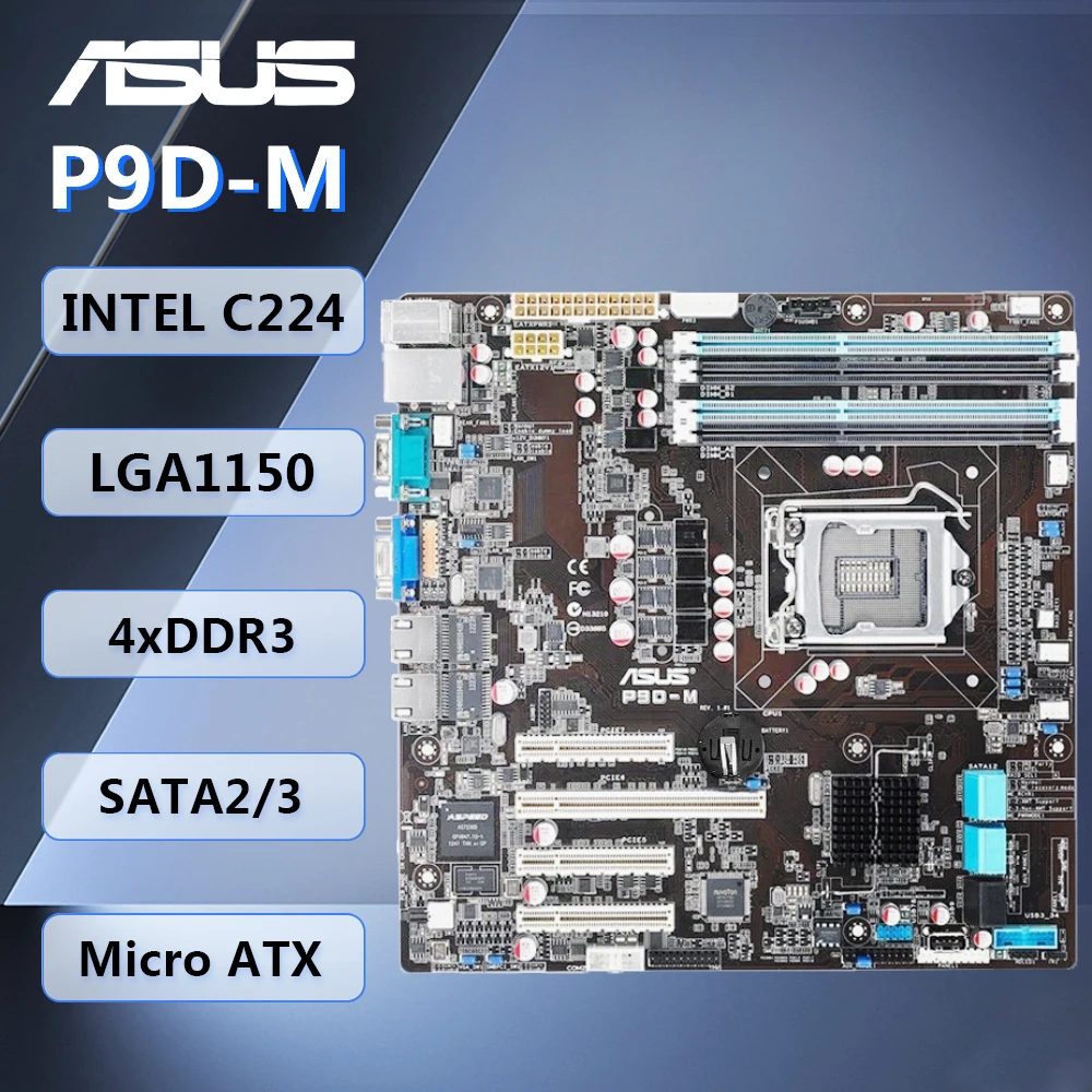 

Материнская плата ASUS P9D-M M-ATX Intel C224 LGA1150 DDR3 32 ГБ SATA2/3 VGA RJ45 D-Sub для Intel Xeon/Core