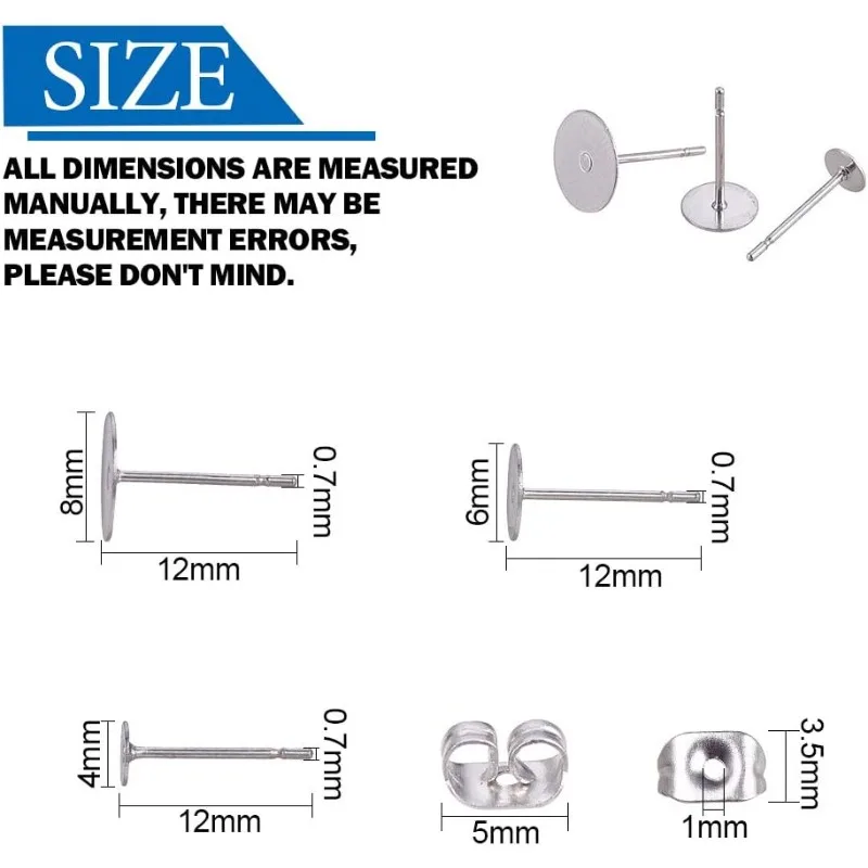 60pcs 3 Size Blank Earring Pins 304 Stainless Steel Flat Round Blank Peg & Post Ear Studs Findings with 60pcs Earring Safety