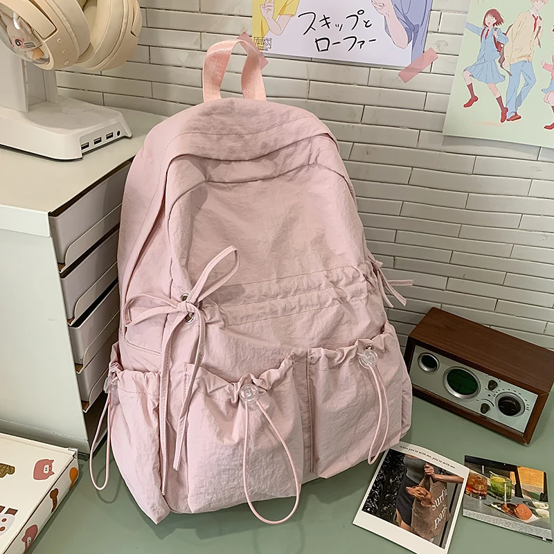 Ransel Kasual Nilon Sederhana Jepang Tas Sekolah Serut Estetika Y2k Antik Ransel Fashion Chic Cocok untuk Siswa
