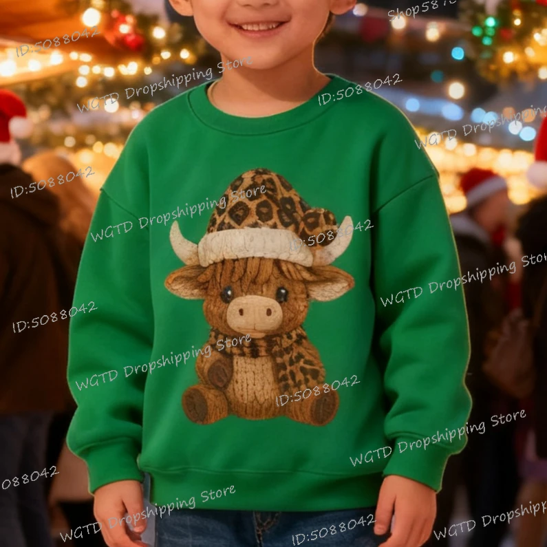 

2026 Christmas Sweatshirt Funny Mountain Cattle Kids Y2K Sudaderas Crochet Style Pattern Vintage Sportswear Xmas Clothing
