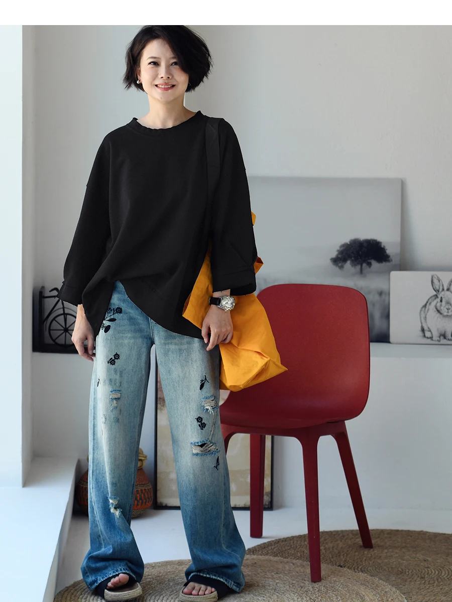 Thickened Large T-shirt Women's round Neck Seven Sleeve Pure Color Casual Style Knitted Cotton Polyester Blend Autumn New Arr...