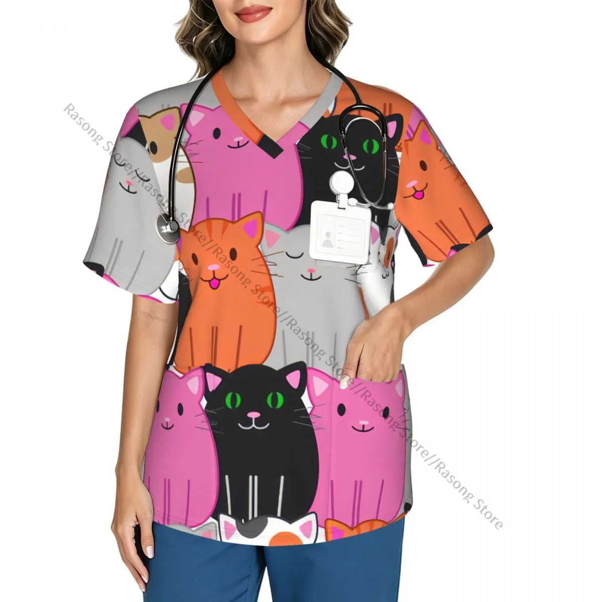 Women Scrubs Blouse Medical Nurse V-neck Clinical Scrubs Top Funny Cartoon Cats Operating Room Work T-shirt
