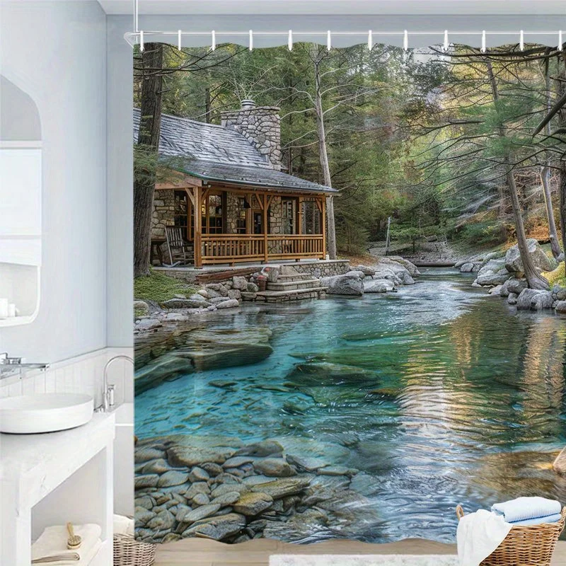 Rustic Cabin Stream Landscape Shower Curtain Waterproof Bathroom Decor for Nature Lovers