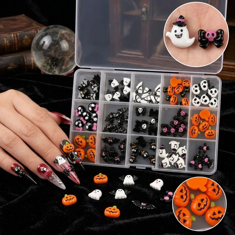 15Grid/box Mixed Halloween Bow Skull& Black Cat Ghost Pumpkin Nail Art Decoration 10*11mm Cartoon Resin Skull Nail Parts 75-90Pc