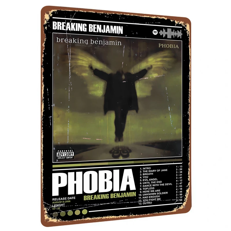 Обложка альбома Breaking Benjamin Phobia, металлическая жестяная вывеска, винтажный музыкальный плакат, настенный декор для домашнего бара