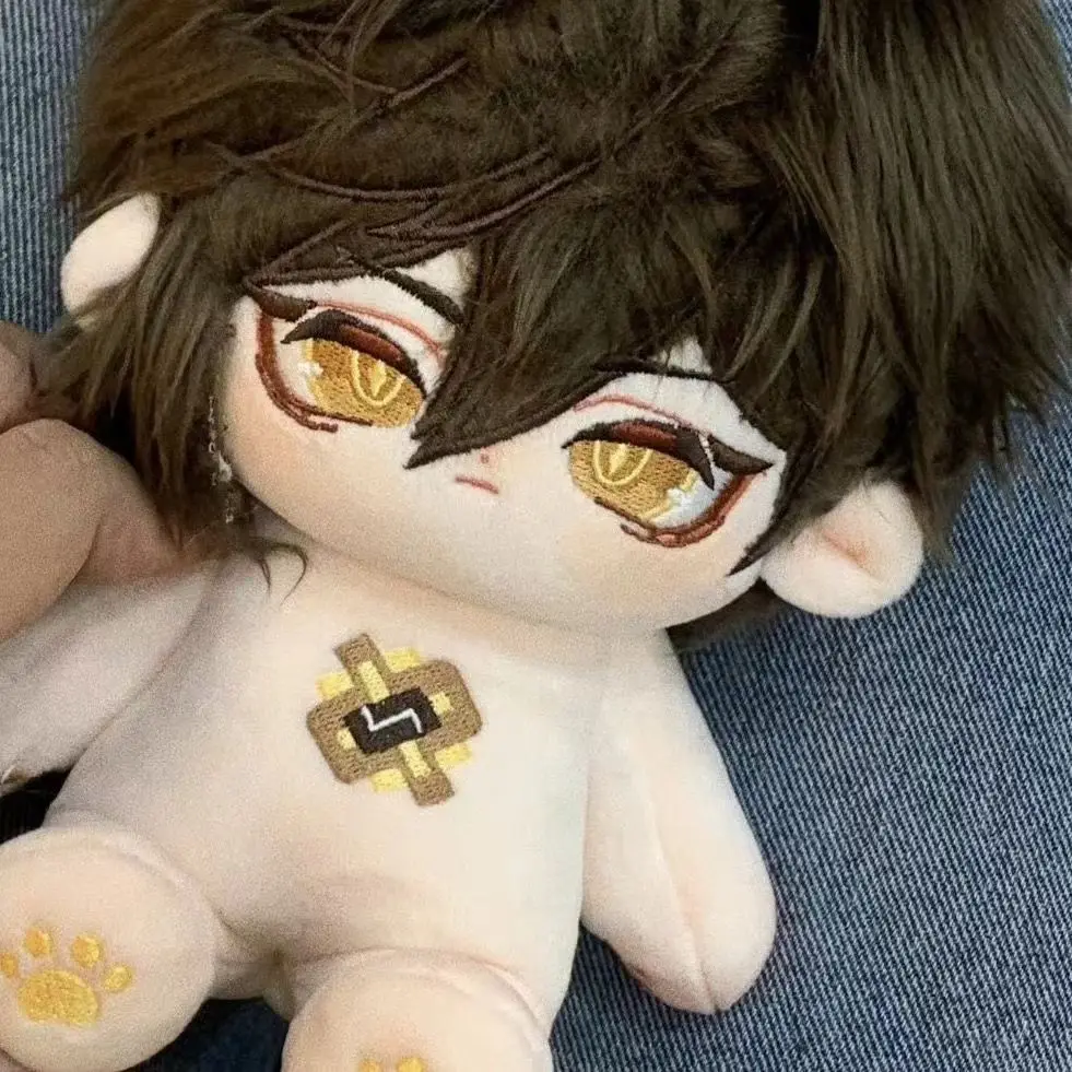 Anime genshin impacto zhongli cosplay pelúcia 20cm algodão bonecas traje dos desenhos animados maumet fantoche nu bebê bony brinquedos presente de natal