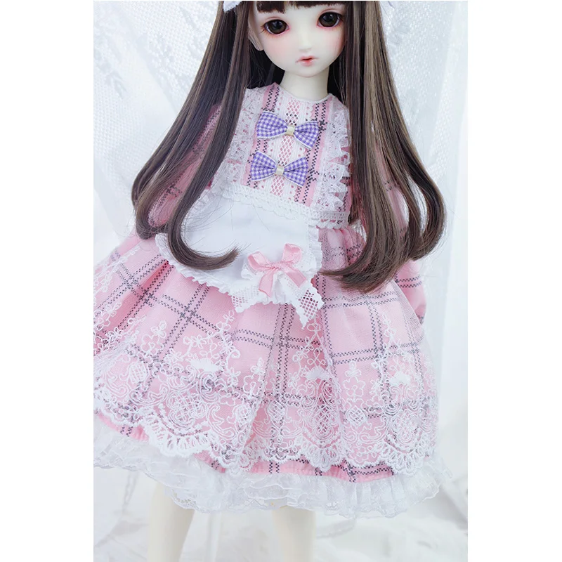 Vestido xadrez rosa bonito para menina, conjunto de roupas de boneca BJD, tamanho Blyth, acessórios, três pontos, 1/4, 1:6