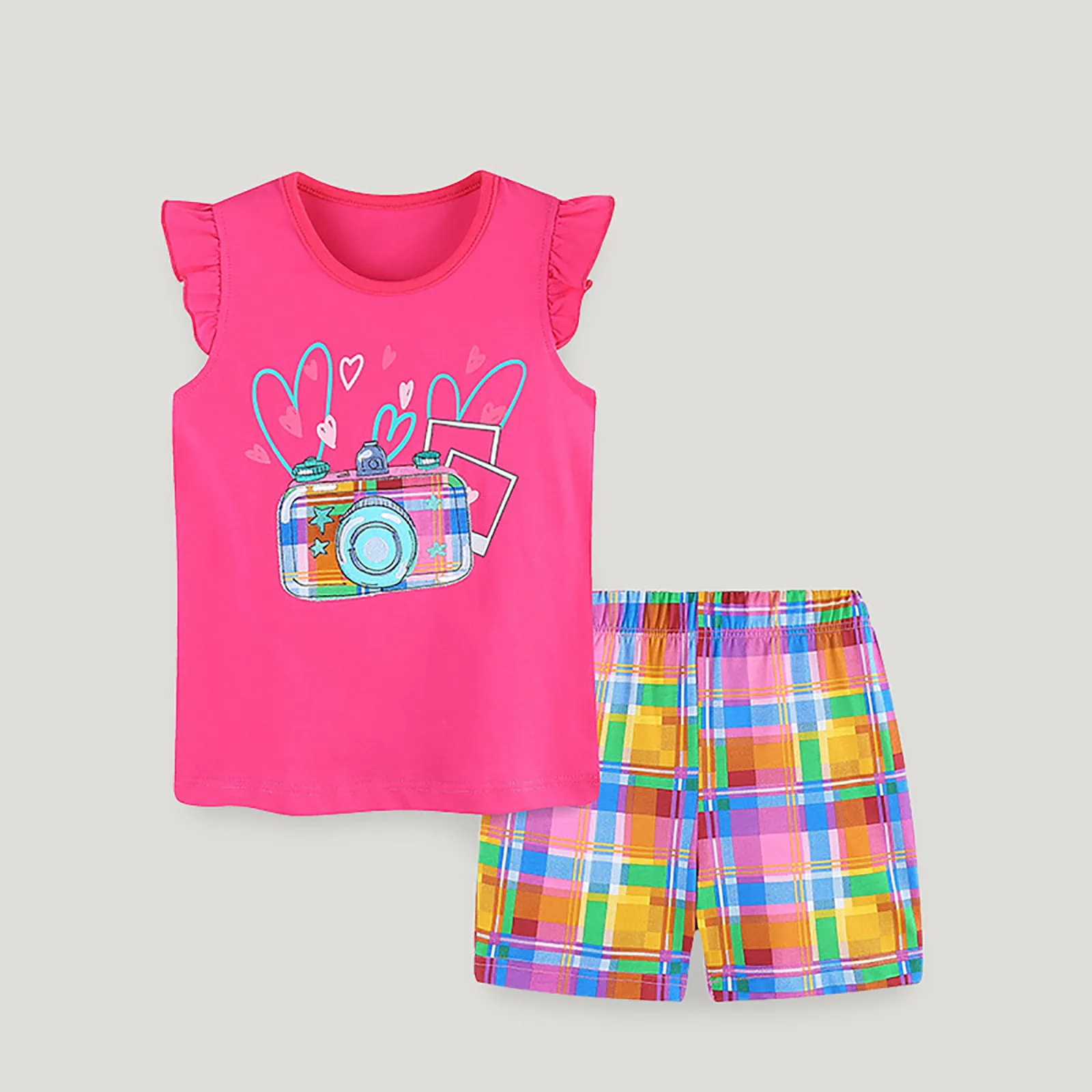 Kids Girls Summer Camera Cartoon Print Fly Sleeve T Shirt Tops And Plaid Shorts 2PCS Outfits Clothes Set New Baby Bundle