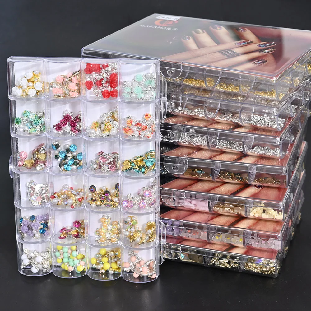 24 Girds Butterfly Bowknot Nail Art Rhinestone Mix Shape in Box Alloy Gold Rivet Decoration Pearl Manicure Studs Accessories JB#