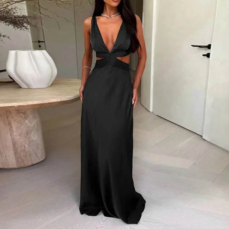 Abito sexy scollato per le donne Abiti lunghi vintage in raso con scollo a V senza maniche a vita alta 2025 Nuovo abito da sera per feste