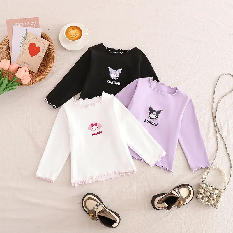 Sanrio Hello Kitty Girls Cartoon Half Hoge Hals Thermisch Onderhemd Lente En Herfst Lange Mouw T-Shirt Kinderen Baby Top