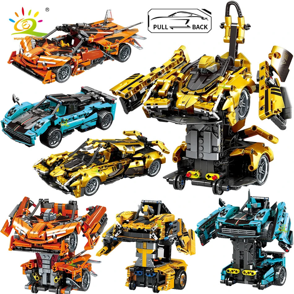 

HUIQIBAO City Technical Pull Back Deformed Robot Car Series Building Blocks Supercar Racing Vehicle Bricks Toys For Children