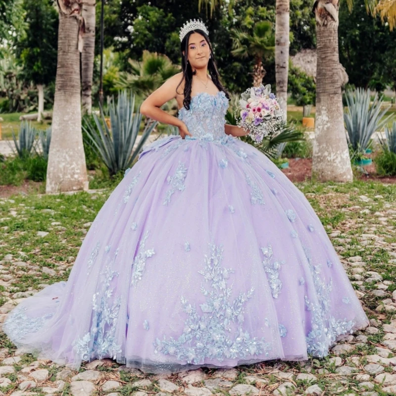 

Light Lilac Shiny Quinceanera Dresses Off The Shoulder Applique Flower Beading Crystal Bow Tull Party Birthday Sweet 16 Dress