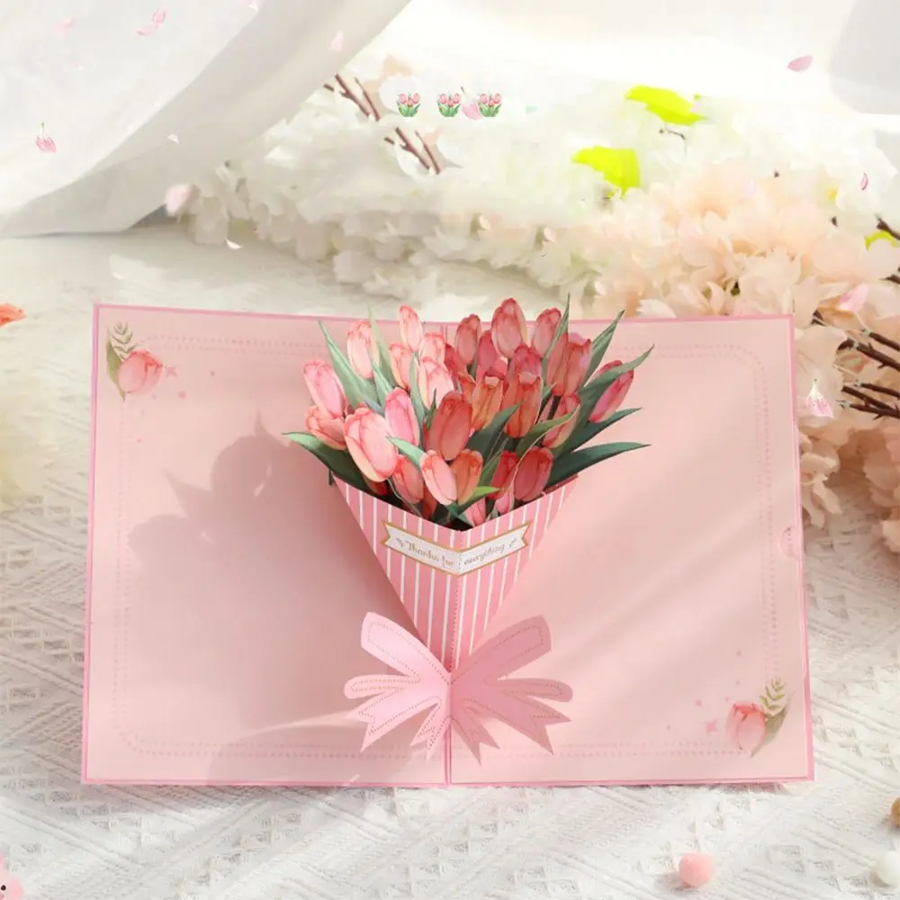 Invitations Cards Foldable Tulips Bouquet Greeting Card Paper Wishing Appreciation Card Handmade Message Card Thanksgiving