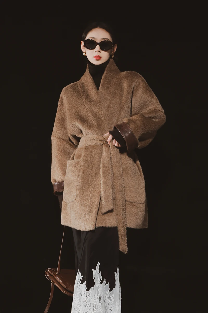 Autumn Winter Double Face Alpaca Women's Coat Black Wool Coat Temperament Noble Luxury Casual Warm Comfortable Women's Clothing