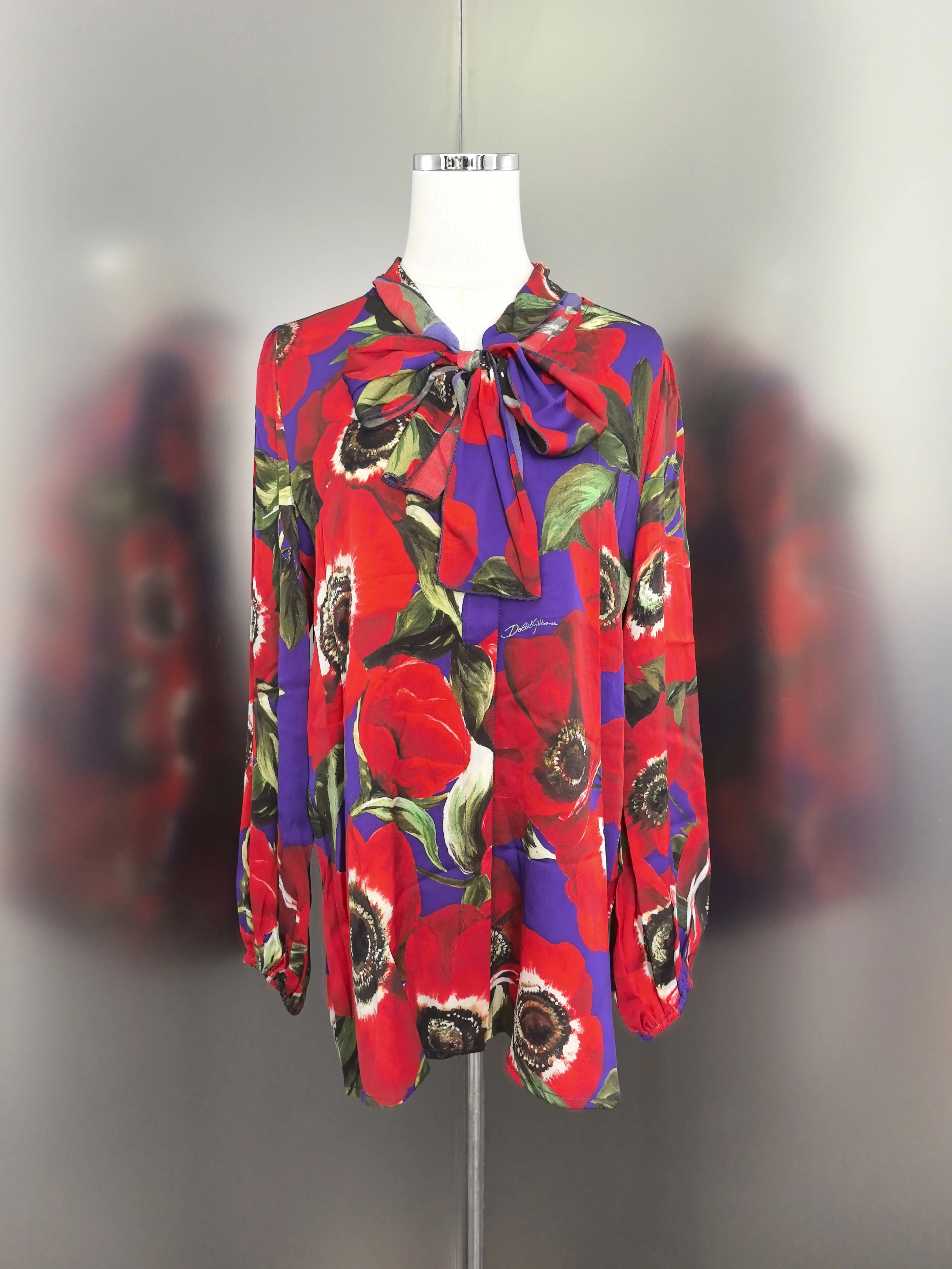 100% Mulberry silk shirt 2025 new female anemone flower printed mulberry silk bow tie shirt