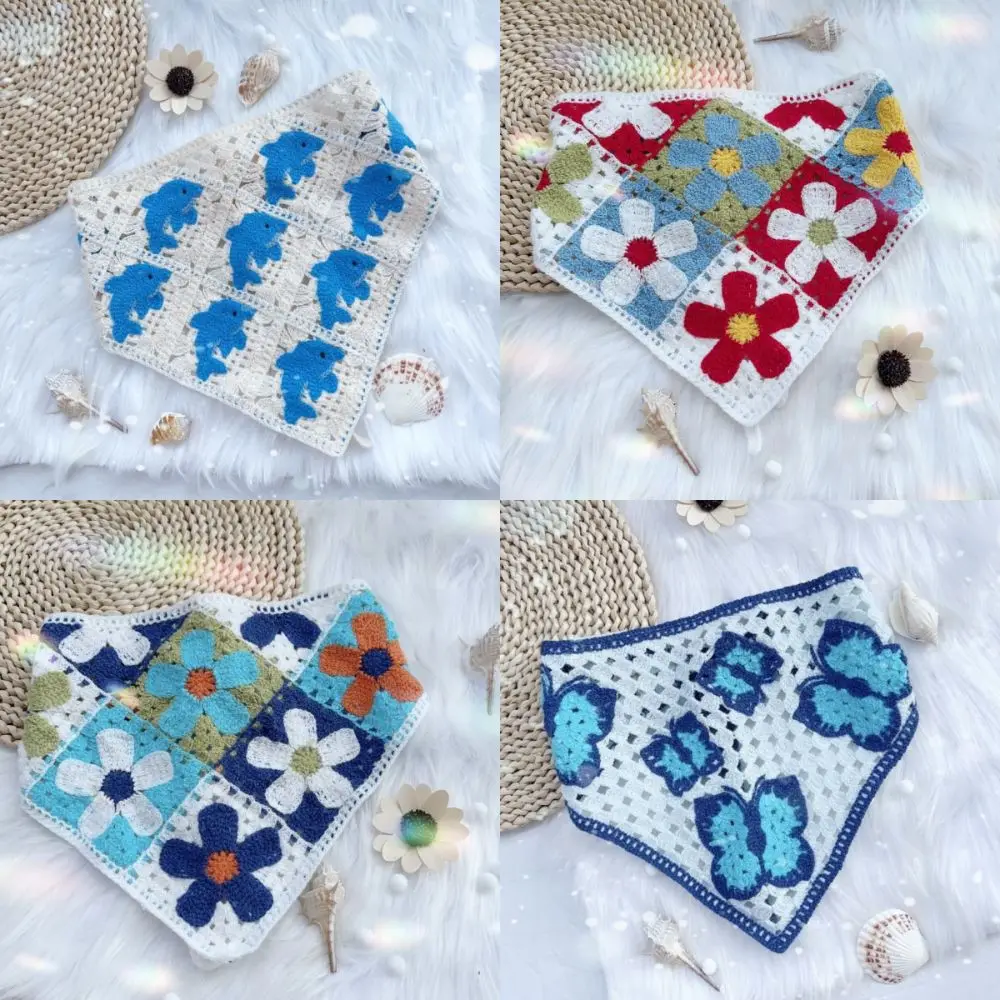 

Cute French Style Turban Bandana Knitted Lace Dolphin Triangle Towel Colorful Flowers Hair Scarf for Women Girls