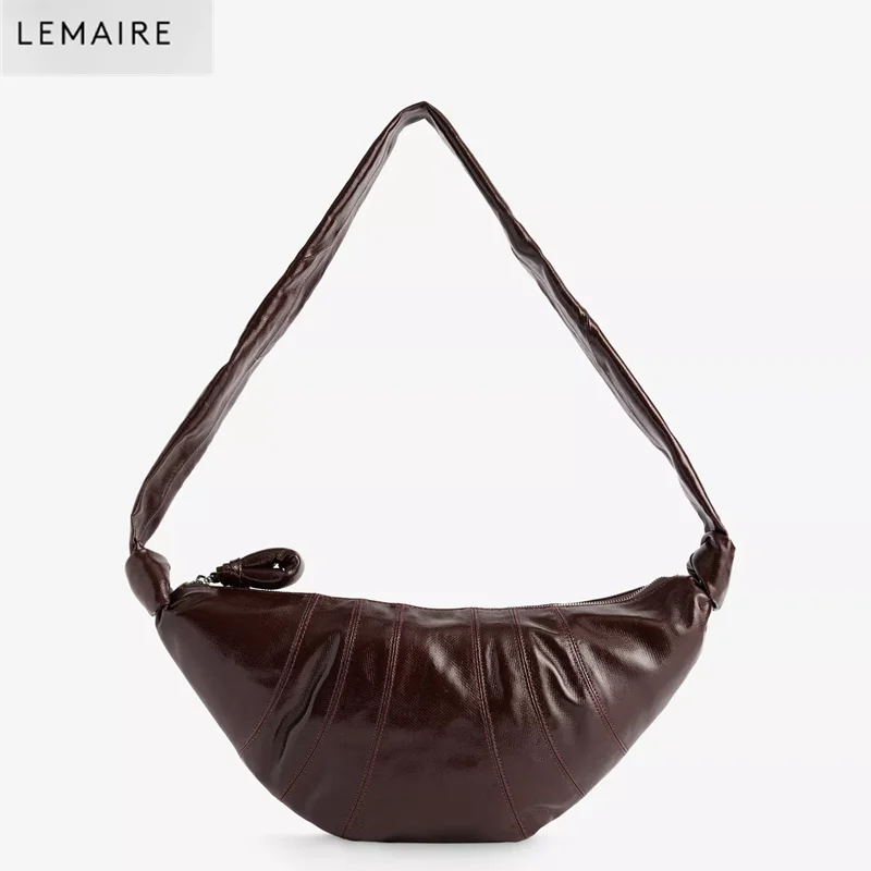 LEMAIRE inen-coated Crossbody Bag Croissant Shaped Glossy bag Curved Horn Single Shoulder Bag Lining Zipper Opening