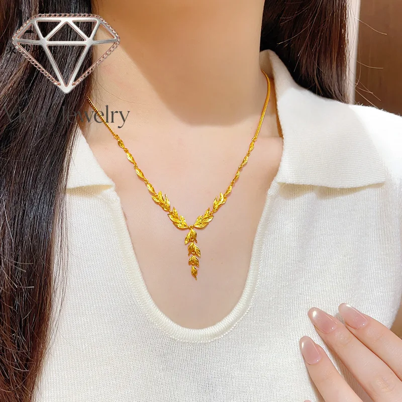 Viora Jewelry 9999 ancient golden branch and jade leaf necklace happy leaf wheat ear 24K real gold clavicle chain wedding gift f