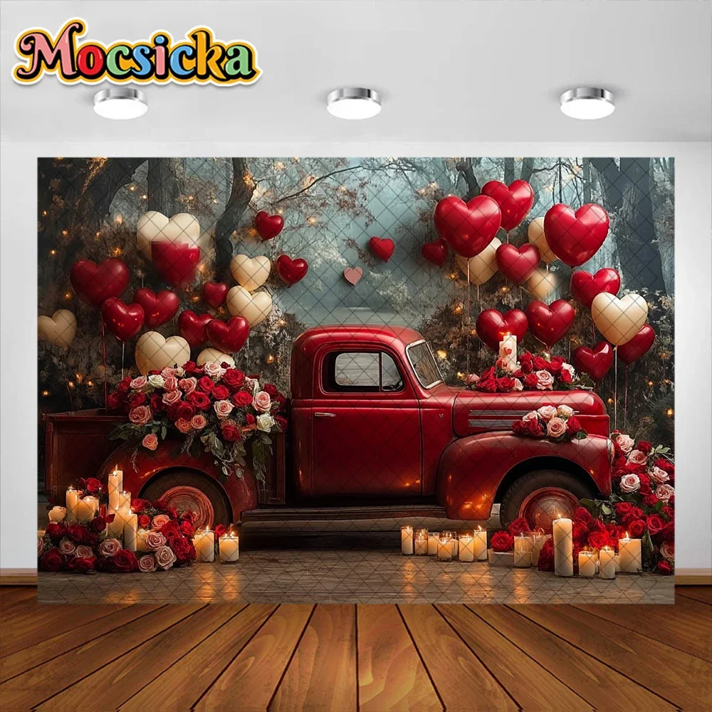 발렌타인 데이 사진 배경 레드 러브 트럭 꽃 장식 배경, 베이비 샤워 소녀 초상화 사진 스튜디오 소품