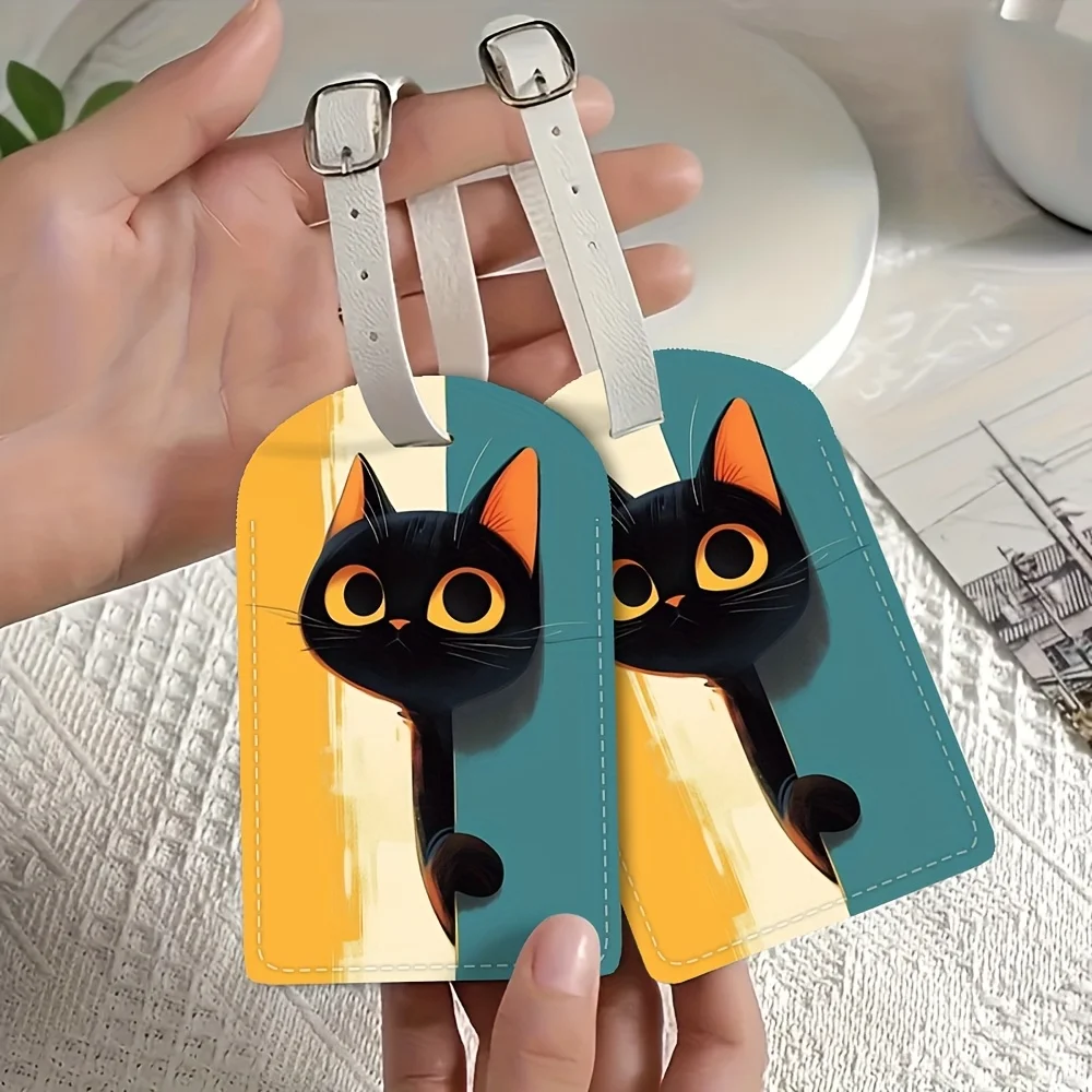 Cat Theme Travel Luggage Tag with Name Information Id Card PU Material Travel Additions Luggage Identification Lightweight Tag