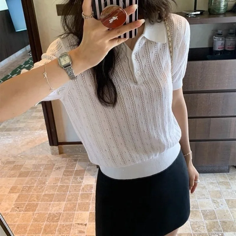 Women's Striped Hollowed Out Short Sleeves Button Polo Collar Breathable Korean Cable Knitted Tee Shirts Casual Lady Chic Tops