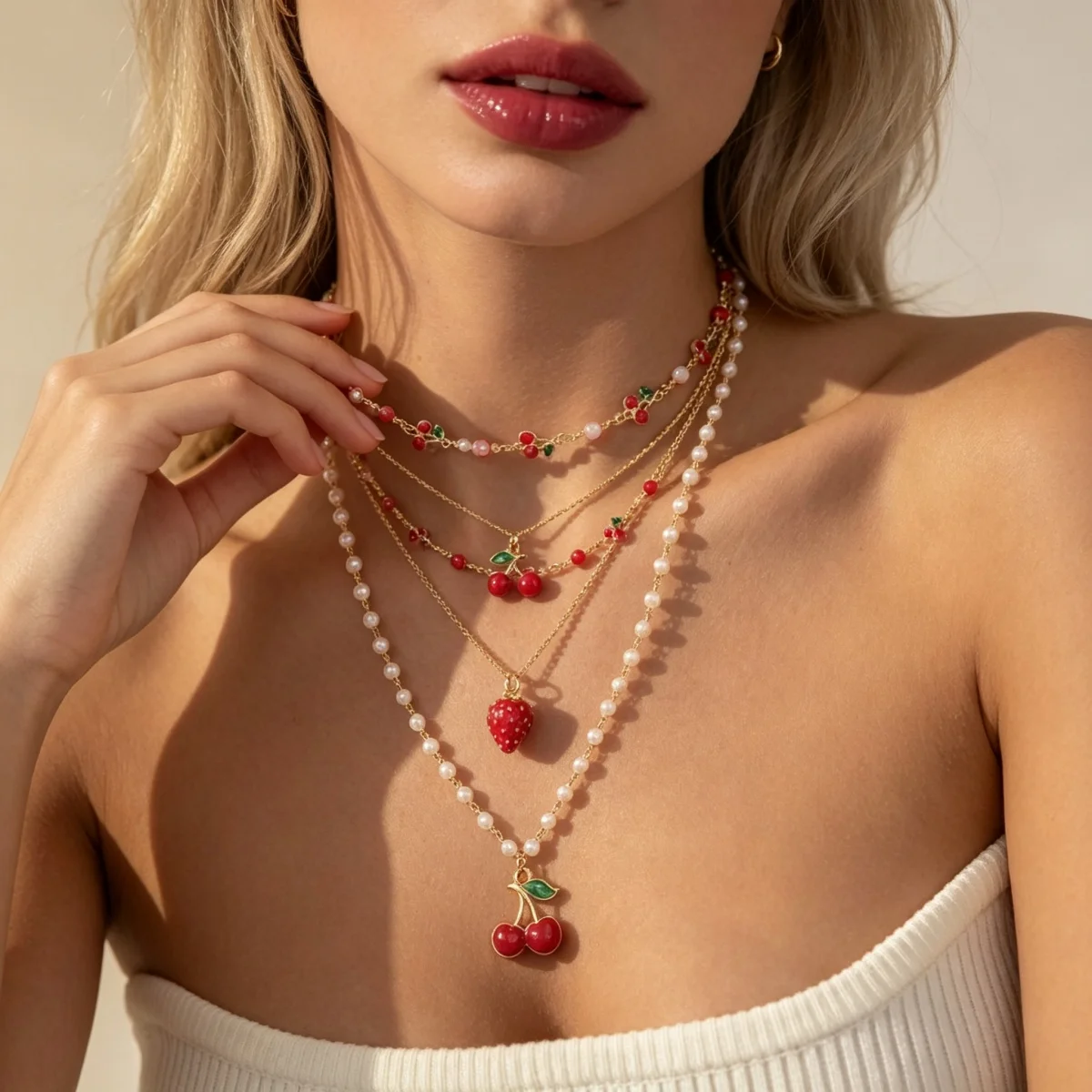 Rote Kirsche Erdbeer-Simulationsperlen-Halskette für Damen und Herren, mehrschichtig, Keramikblume, Schleife, Herz, Baum, Choker, Hochzeitsschmuck – Detail 12