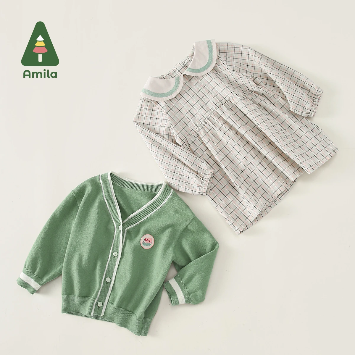 Amila Baby Girl Clothing Set 2023 Spring New Long Sleeves Cardigan Turn-down Collar Plaid Dress Kids Sweet Casual Suit 0-6 Years