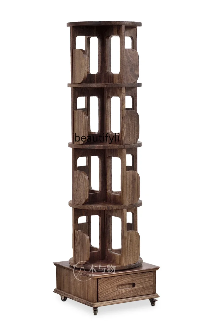 

North American black walnut solid wood rotating bookshelf 360-degree simple storage rack simple shelf bookcase