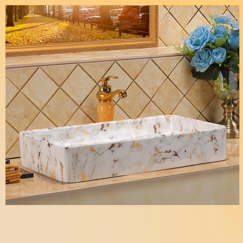 Platform basin marble pattern European bathroom household light luxury ceramic washbasin balcony square washbasin single basin