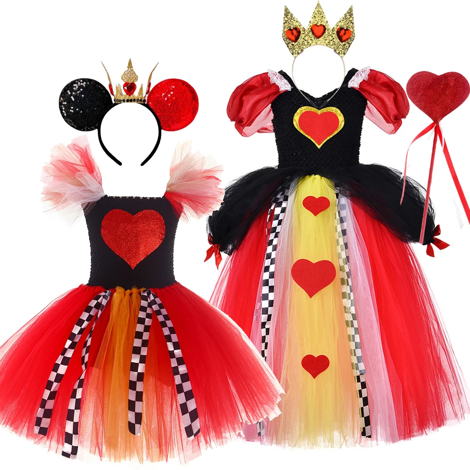 

Glitter Red Queen of Hearts Costume for Girls Halloween Carnival Party Clothes Alice in the Wonderland Cosplay Kids Fancy Tutu