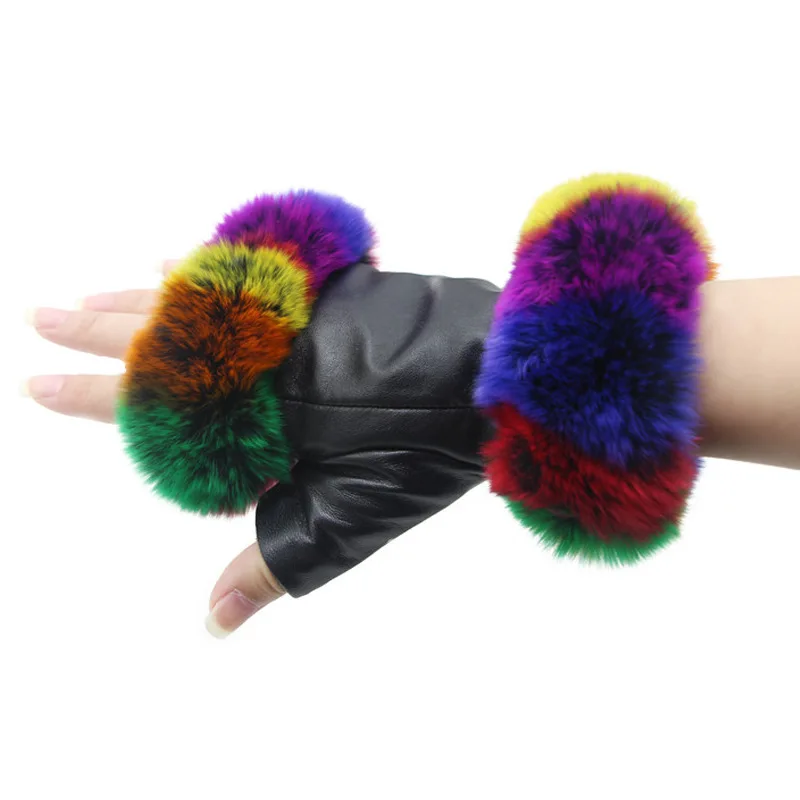 Sheepskin Half Finger Gloves Colorful Rabbit Hair Cuffs Women's Winter Fashion Outdoor Warm and Cold Proof Fur Gloves