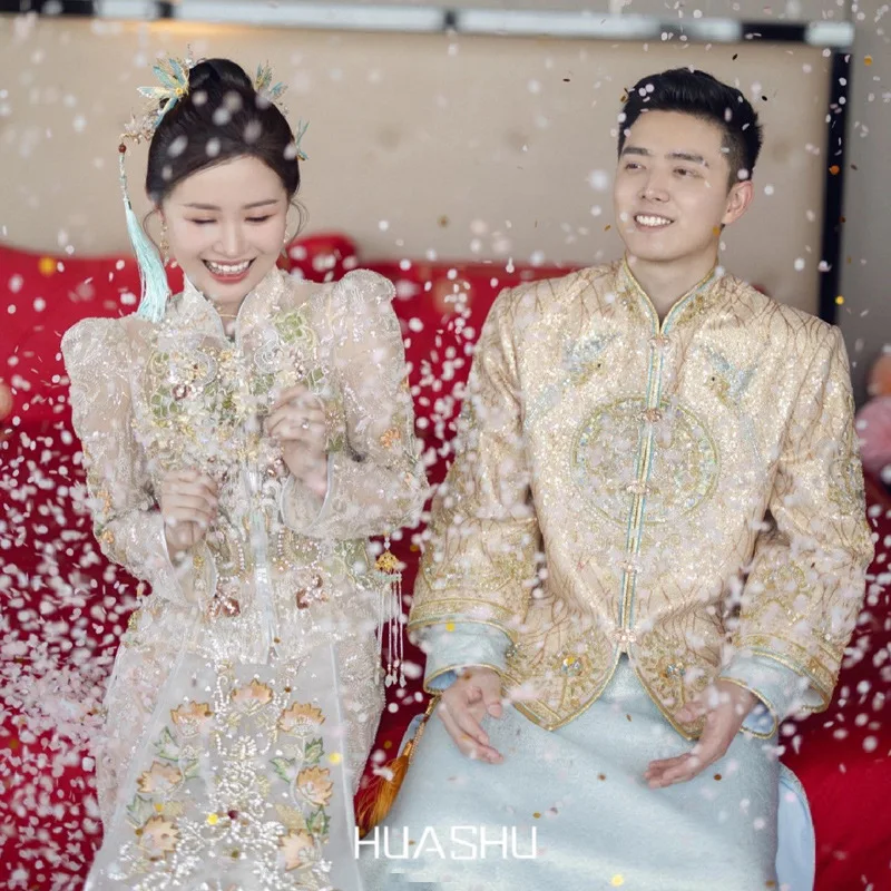 الرجال Xiuhe تانغ الملابس الصينية حفل زفاف مأدبة Tangsuit الذكور التطريز Hanfu التقليد سترة طويلة الأكمام زي