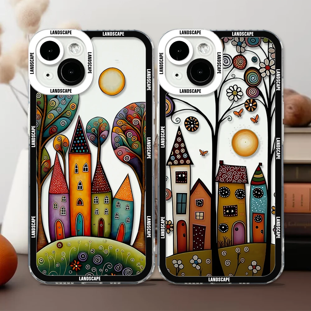 Case For iPhone 16 15 14 13 Pro Max 12 Mini 11 XS X XR SE 7 8 Plus Soft Cover Hand drawn Landscape Art