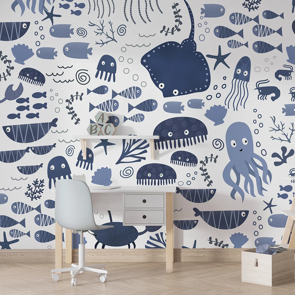 

Custom any size Watercolor Seabed Nursery 3d Cartoon Mural Wallpaper for Child Kids Room 3D Animal Wall paper Blue Sticker Art