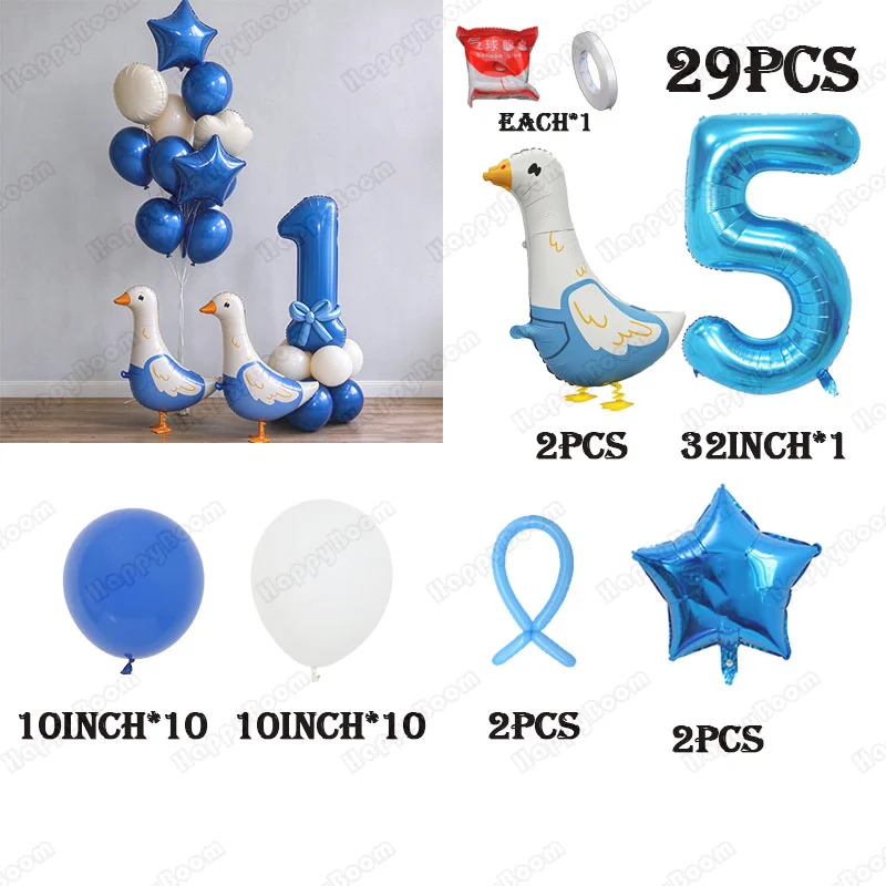 29pcs Cartoon Cute Goose Shaped Animals Aluminum Foil Balloon Set Blue Number Balloon Farm Theme Baby Birthday Party Decoration