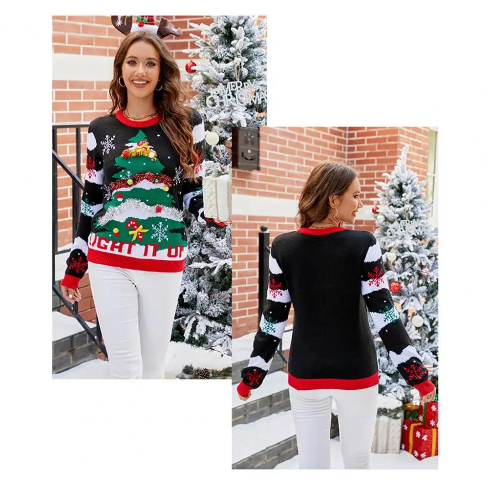 

Comfortable Women Sweater Cozy Winter Knitwear Women's O-neck Long Sleeve Sweater with Christmas Tree Snowflake Pattern Plush