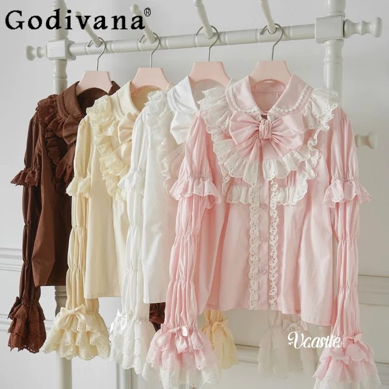 

Original Japanese Lolita Women's Cotton Shirt Spring Autumn New Sweet Girls Cute Bow Lace Splicing Sleeve Blouses Lo Inner Top