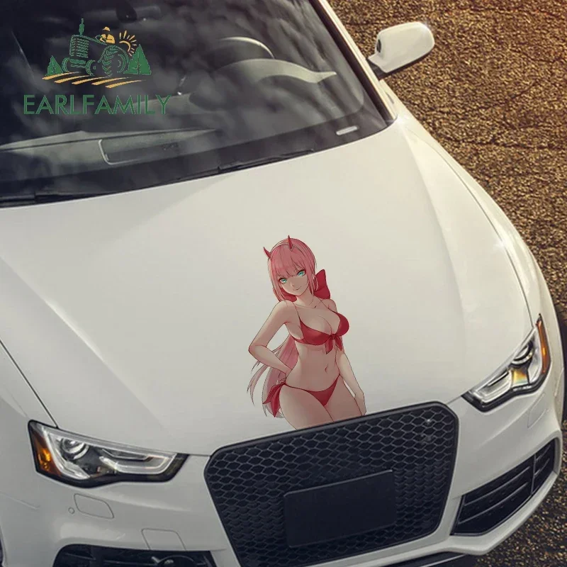 EARLFAMILY 43cm X 26cm Anime Bikini Girl Car Stickers Pretty Girl Zero Two Cute Graphics Auto Decals Waterproof Car Assessoires
