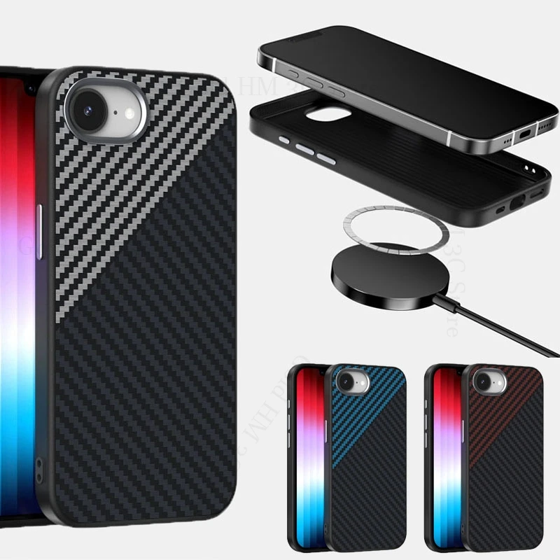 

Carbon Fiber Phone Case For iPhone 16e SE 4 Magnetic Attraction Soft Silicone Bumper Magsafing Cover For Apple 16 15 14 Pro Max
