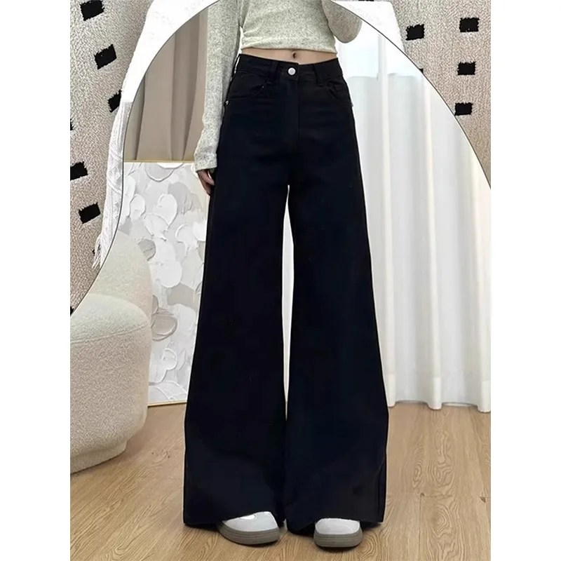 

Spring New plus Size High Waist Flared Jeans Women Loose Slimming High Length Not Sticky Leg Straight Wide Leg Floor-Length P...