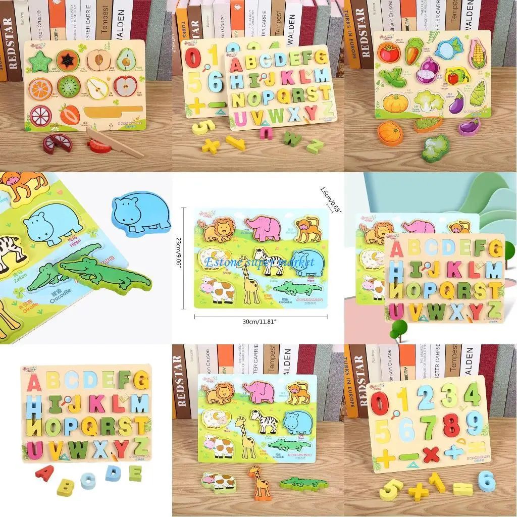 

090B Wooden Animal Number Fruits Shaped Peg Puzzle Baby Toddler Preschool Kids
