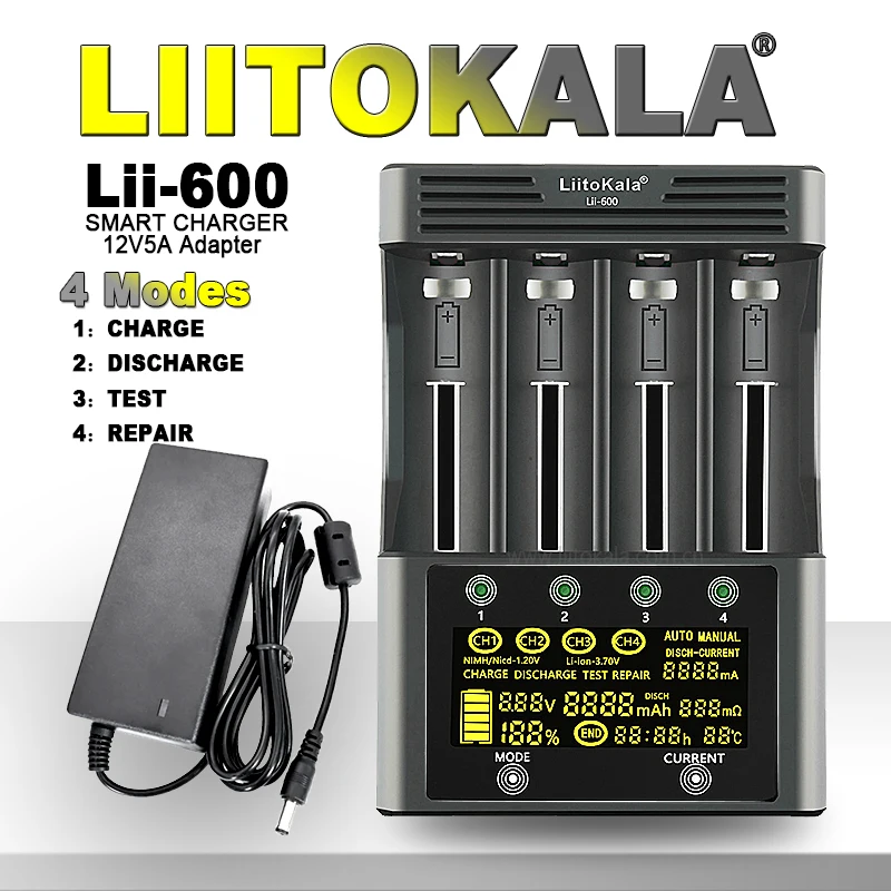 LiitoKala Lii-600 LCD Inteligentna ładowarka do akumulatorów 12V5A do akumulatorów Li-ion 3.7V i NiMH 1.2V 18650 26650 21700 AA AAA