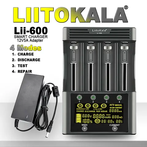 LiitoKala Lii-600 리튬 이온 3.7V 및 NiMH 1.2V 배터리 용 배터리 충전기 18650 26650 21700 26700 AA AAA 12V5A에 적합