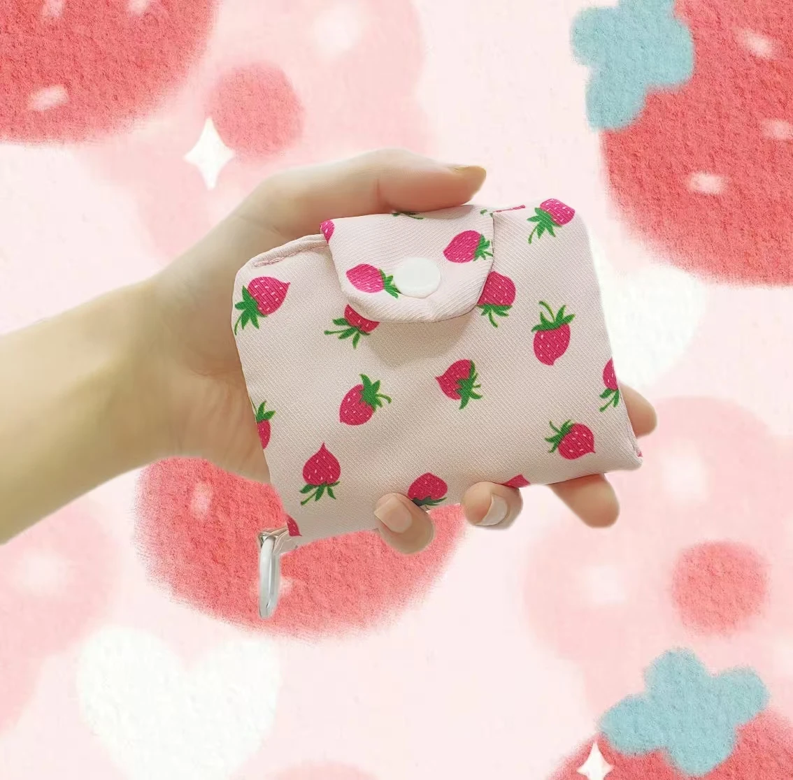 Mini Cute Flower Strawberry Canvas Card Holder Multi-Layer Coin Purse Women's Wallet Headphone Bag Storage Bag