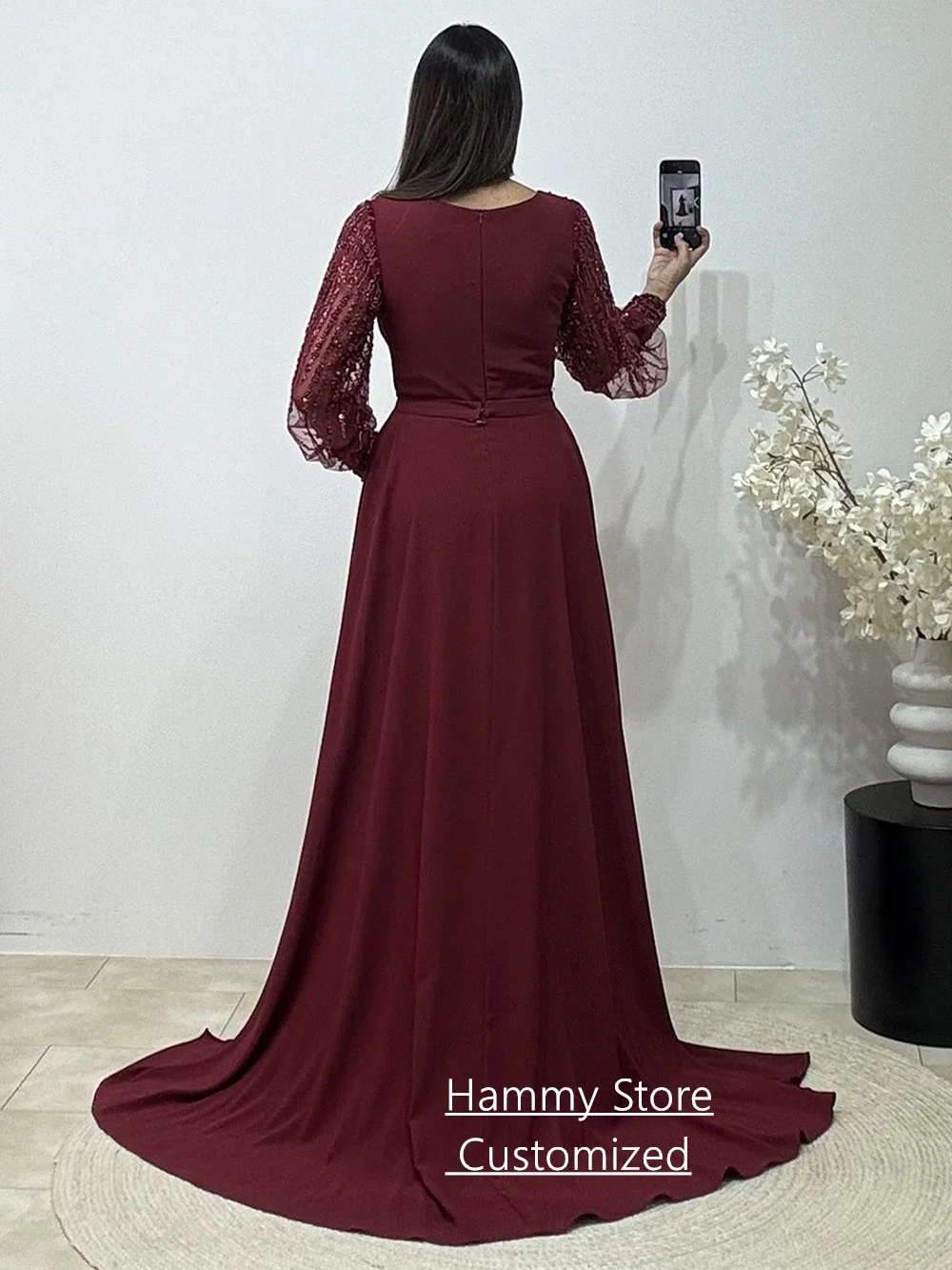 أزياء مساء اللباس مخصص الخامس الرقبة نفخة الأكمام مطرزة اللؤلؤ حورية البحر فستان حفلات قطار للانفصال Fساتين سهلات #5