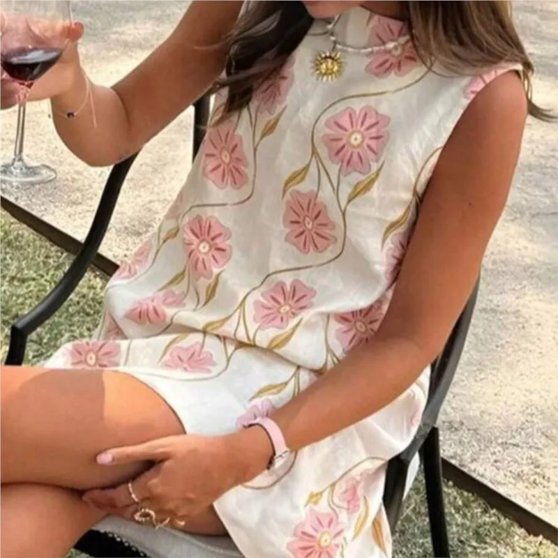 2025 verão novo fresco floral impressão mini vestidos femininos solto casual vestido de verão sem mangas o pescoço a linha praia férias vestido robe